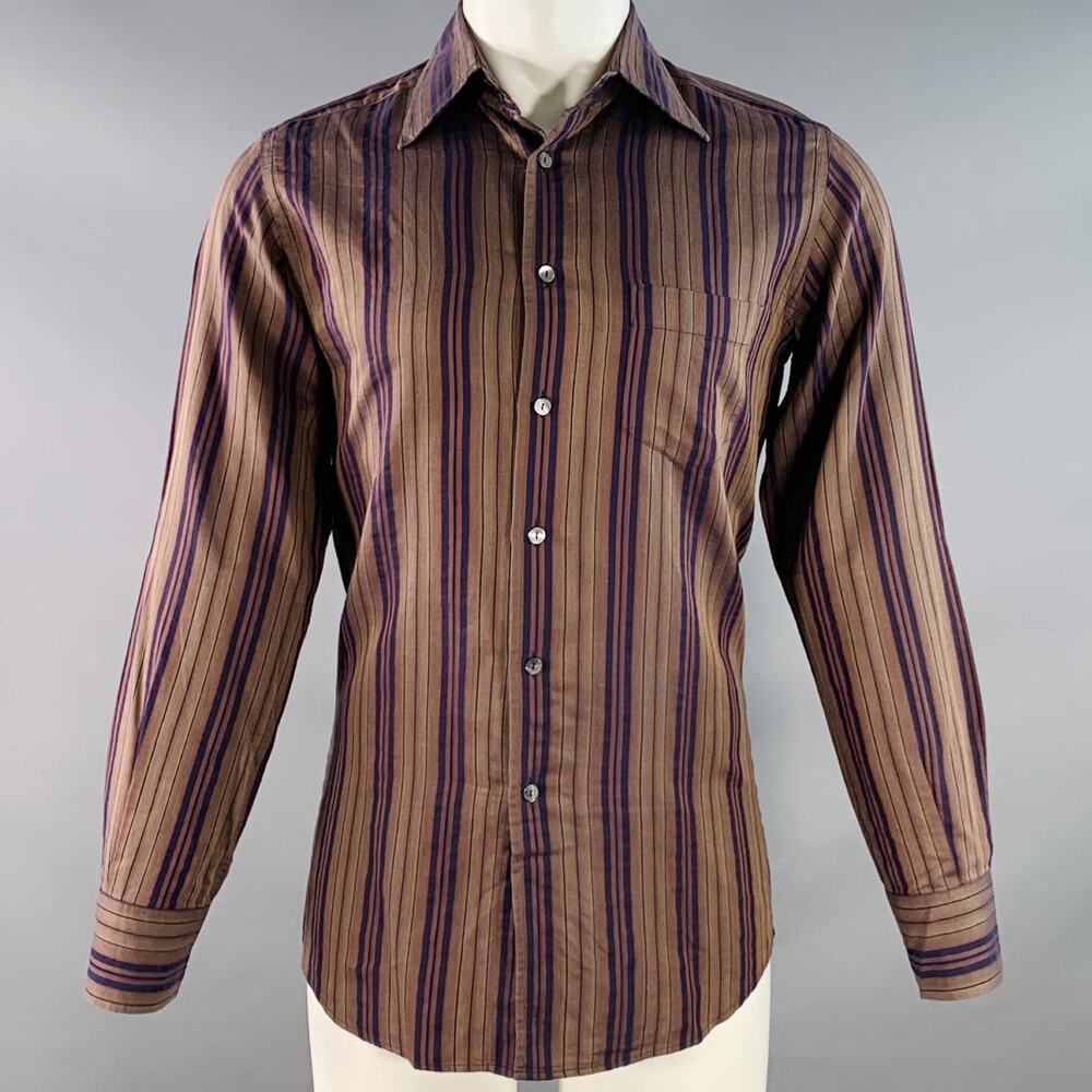 DOLCE & GABBANA Size S Brown Navy Stripe One Pocket Long Sleeve Shirt